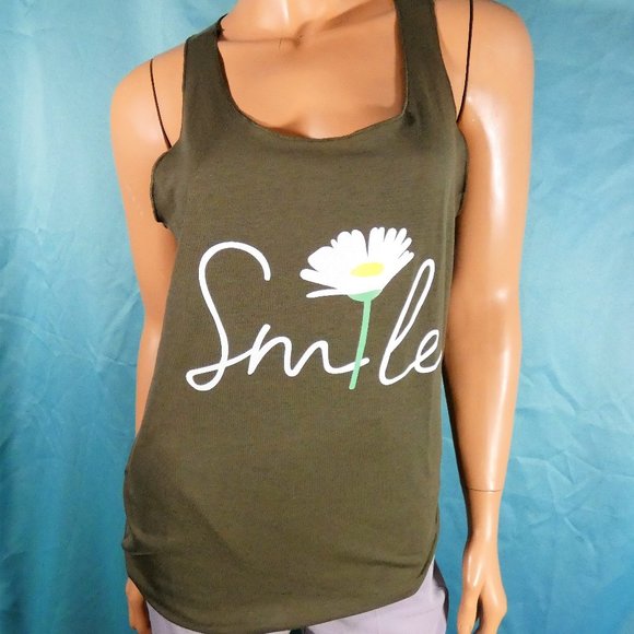 *REDUCED* Sleeveless T-shirt Tank Racerback with Daisy "SMILE" olive green - Picture 2 of 4